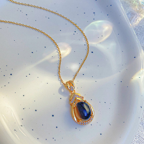 Classic Style Water Droplets Stainless Steel Inlay Zircon Pendant Necklace