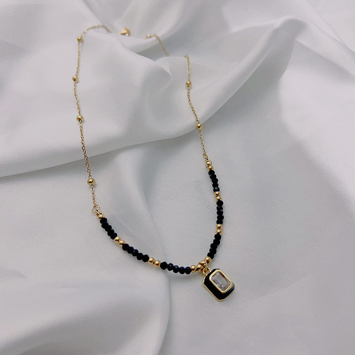 Modische rechteckige Edelstahl-Perlen-Emaille-Inlay-Zirkon-Anhänger-Halskette, 1 Stück