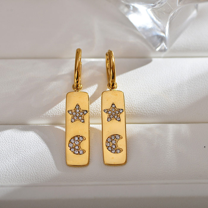 1 Pair Classic Style Sun Moon Inlay Stainless Steel  Zircon Earrings