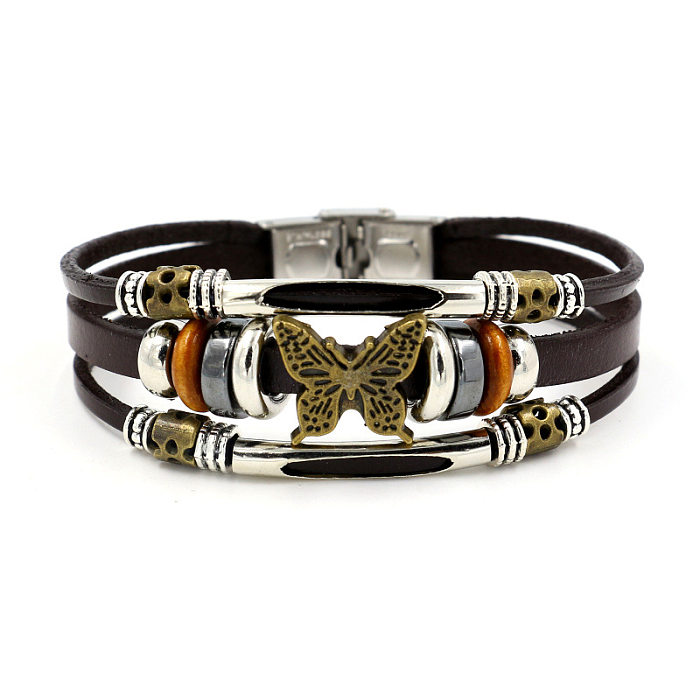 Pulseiras artesanais de couro de liga de aço inoxidável estilo étnico retrô borboleta