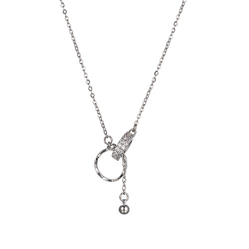 Sweet Shiny Korean Style Double Ring Stainless Steel Plating Inlay Zircon Silver Plated Pendant Necklace