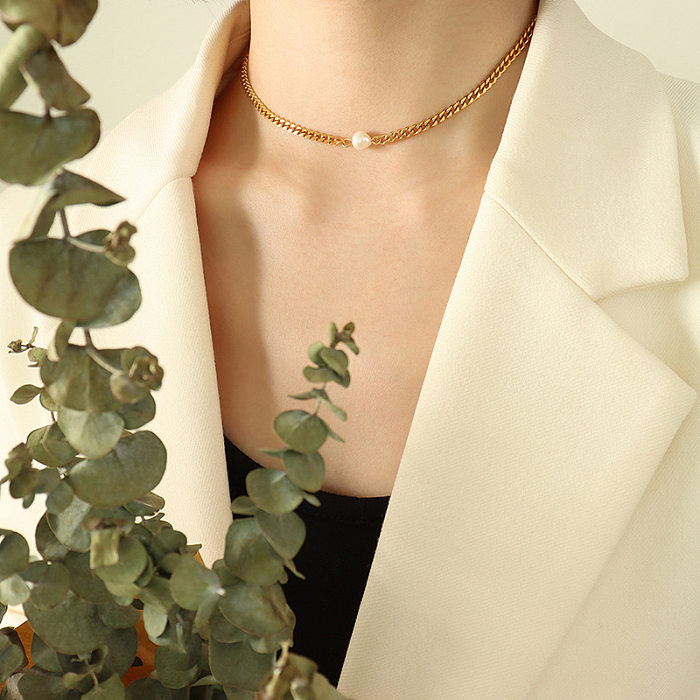 Collier en or 18 carats en acier inoxydable avec perles incrustées de mode, vente en gros