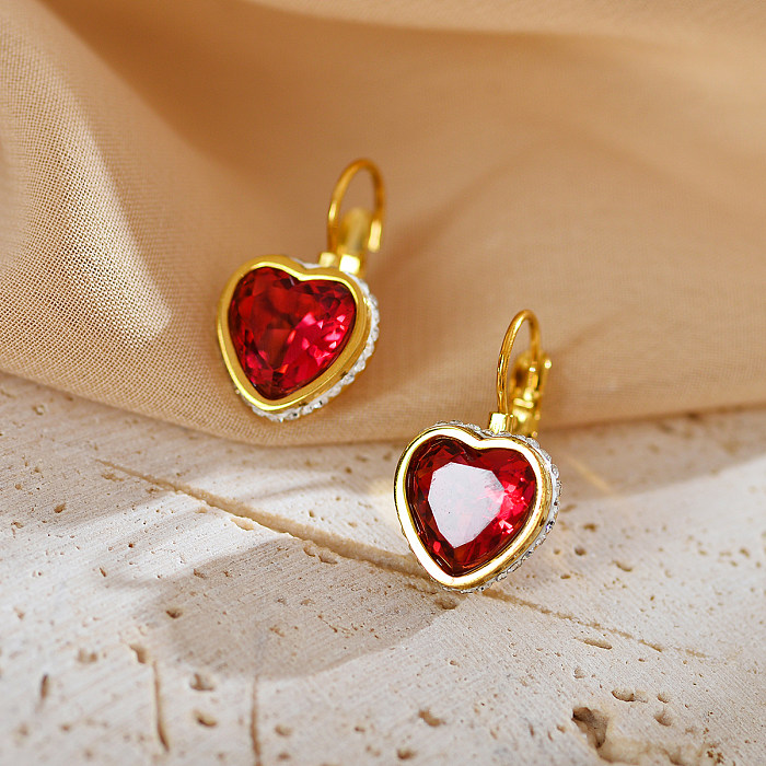 1 par elegante estilo simples formato de coração chapeamento incrustado de aço inoxidável zircão brincos banhados a ouro