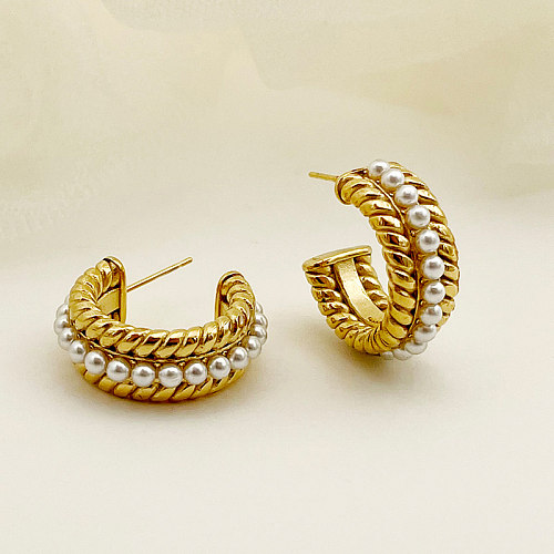 1 par de pendientes elegantes chapados en oro con forma de C lujoso Estilo Vintage pulido con incrustaciones de perlas artificiales de acero inoxidable
