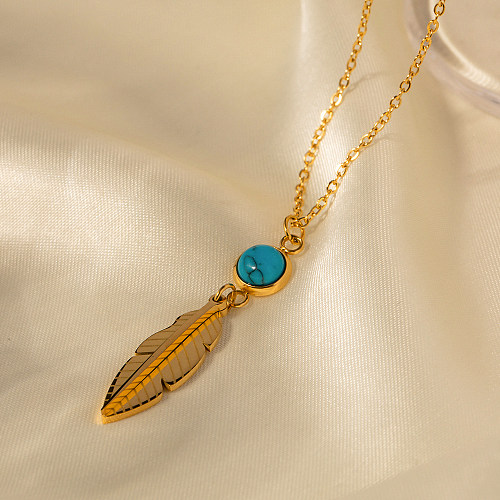 Retro Feather Stainless Steel  Inlay Turquoise Necklace 1 Piece