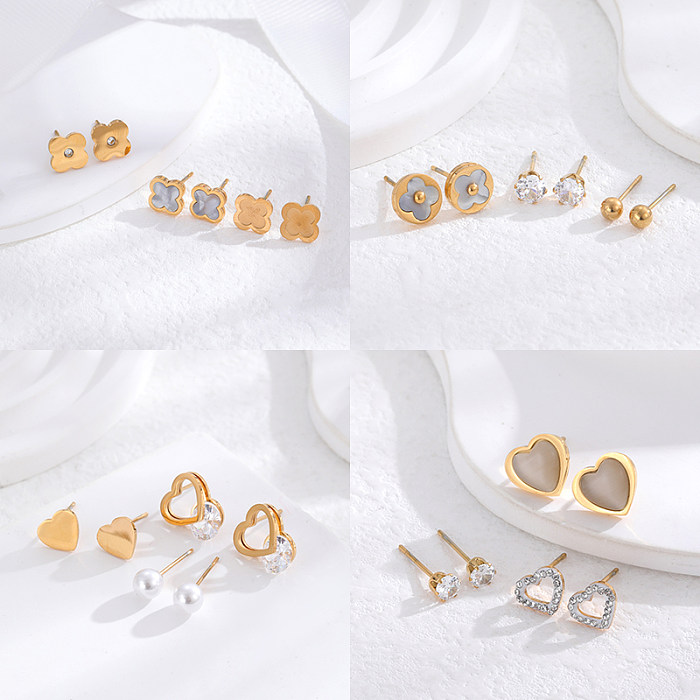 3 Pairs Simple Style Round Heart Shape Butterfly Stainless Steel Inlay Zircon 24K Gold Plated Ear Studs