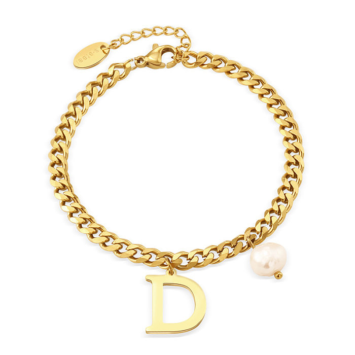 Pulsera de acero de titanio con colgante de oro de 14 quilates chapada en perlas con letra D de moda