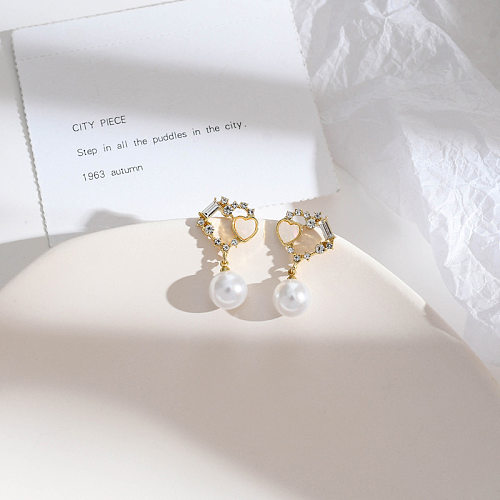Boucles d'oreilles pendantes en acier inoxydable, 1 paire, Style Simple et doux, incrustation en forme de cœur, Imitation de perle, Zircon