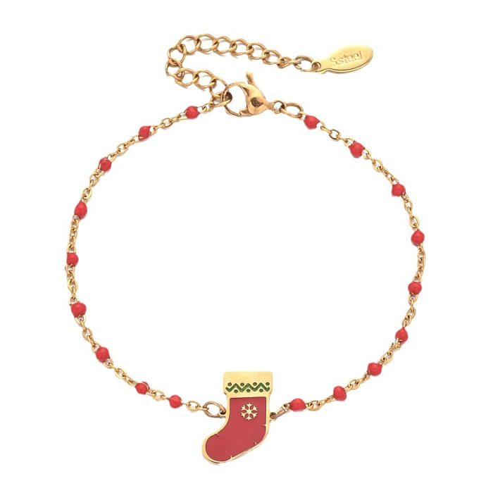 Wholesale Cartoon Style Cute Christmas Socks Stainless Steel Enamel Plating Gold Plated Bracelets