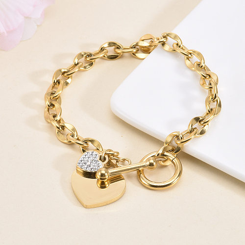 Simple Style Heart Shape Titanium Steel Plating Inlay Artificial Diamond 18K Gold Plated Bracelets