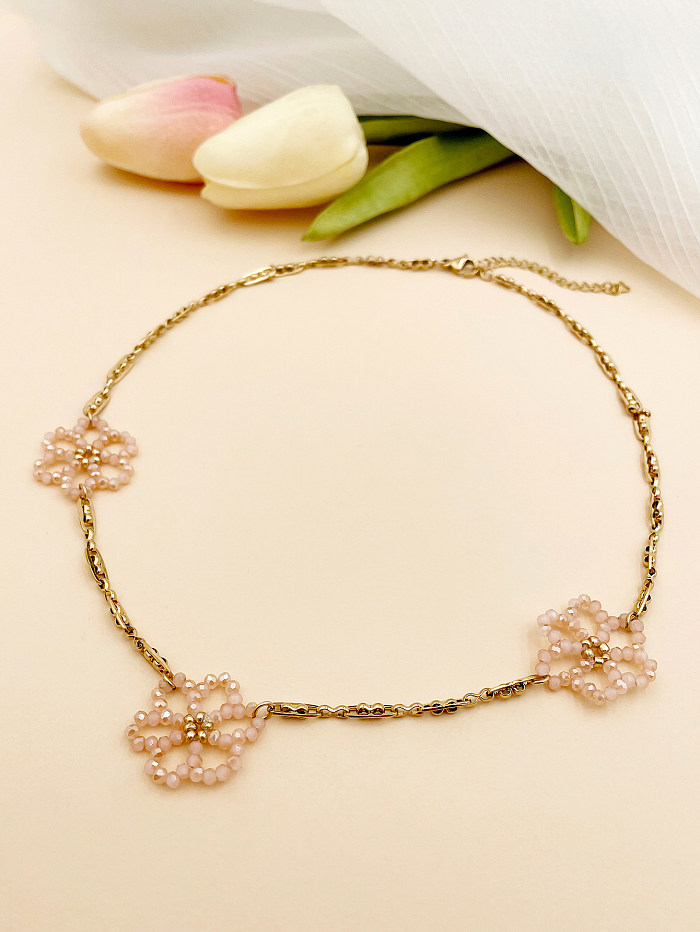 Lady Sweet Flower Stainless Steel  Beaded Plating Gold Plated Necklace