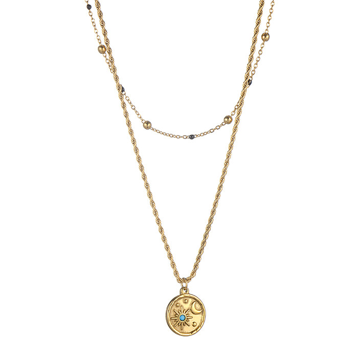 Schlichter Stil, doppellagige Halskette mit Stern- und Mond-Edelstahlbeschichtung, 18 Karat vergoldet