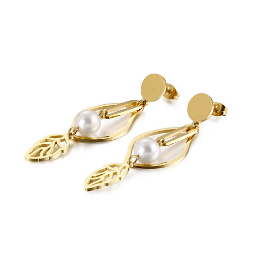 Fashion Stainless Steel  Pearl Leaf Earrings Wholesale jewelry