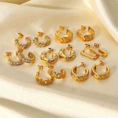 New Stainless Steel  Earrings Fashion 18K Gold Diamond C-shaped Earrings