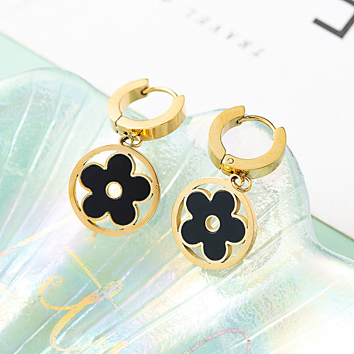 1 Pair Punk Flower Stainless Steel Patchwork Inlay Shell Drop Earrings