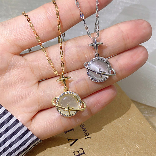 Fashion Cross Moon Stainless Steel Inlay Opal Pendant Necklace 1 Piece