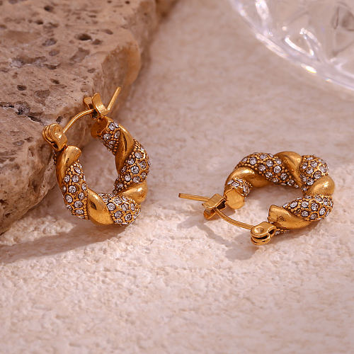 1 Pair Simple Style Classic Style Spiral Stripe Plating Inlay Stainless Steel  Zircon 18K Gold Plated Earrings