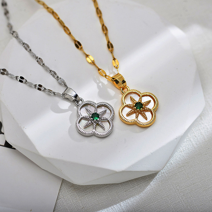 Streetwear Four Leaf Clover Flower Stainless Steel Copper Inlay Shell Zircon Pendant Necklace