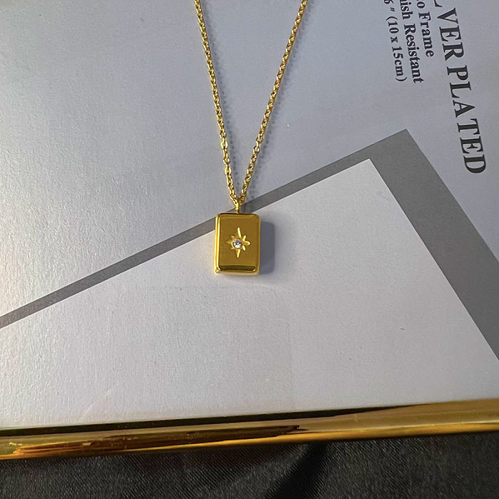 Modern Style Square Stainless Steel Inlay Zircon Pendant Necklace