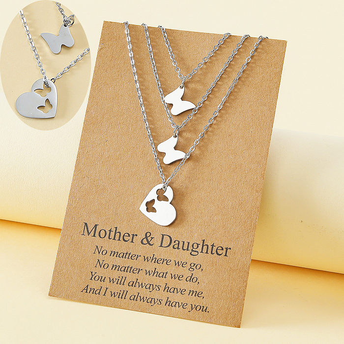 Fashion MAMA Butterfly Stainless Steel  Polishing Hollow Out Pendant Necklace 3 Piece Set