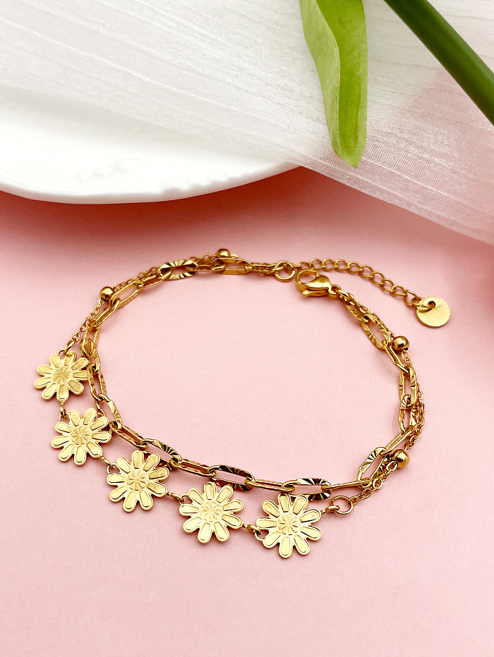 Cute Sweet Commute Flower Stainless Steel Layered Enamel Plating Gold Plated Bracelets