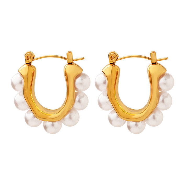 Boucles d'oreilles élégantes géométriques en acier inoxydable, perles artificielles, 1 paire