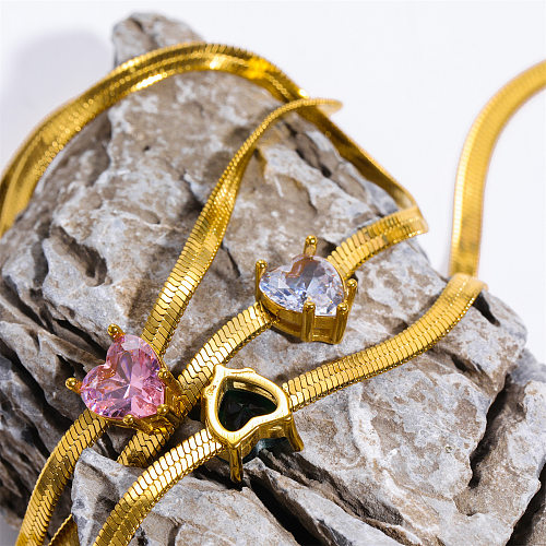 Casual Sweet Simple Style Heart Shape Stainless Steel  Plating Inlay Zircon 18K Gold Plated Pendant Necklace