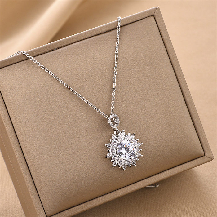 Fashion Flower Stainless Steel Inlay Artificial Crystal Necklace
