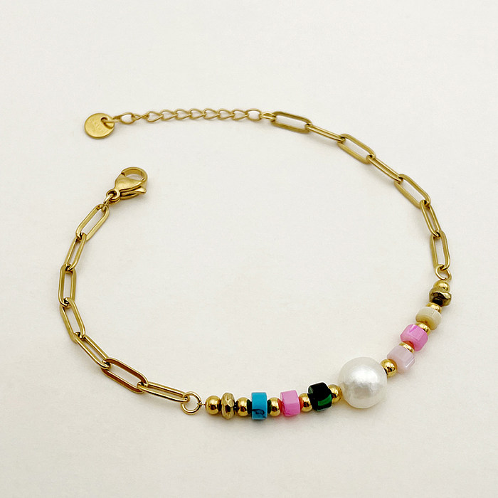 Elegant Vintage Style Colorful Stainless Steel Imitation Pearl Natural Stone Plating Gold Plated Bracelets