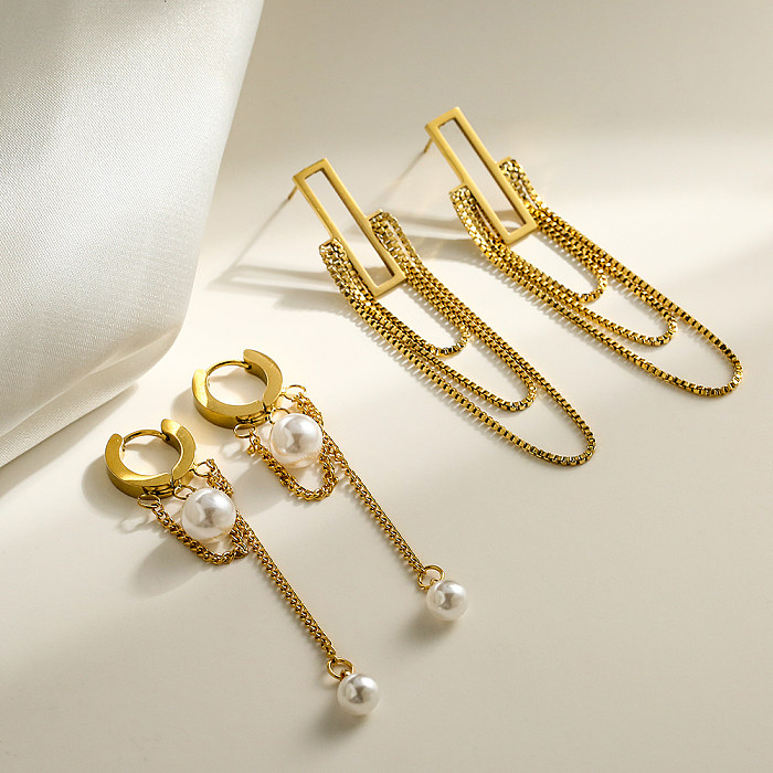 1 par de pendientes colgantes chapados en oro de 18 quilates de acero inoxidable con perlas de imitación y borlas de estilo sencillo