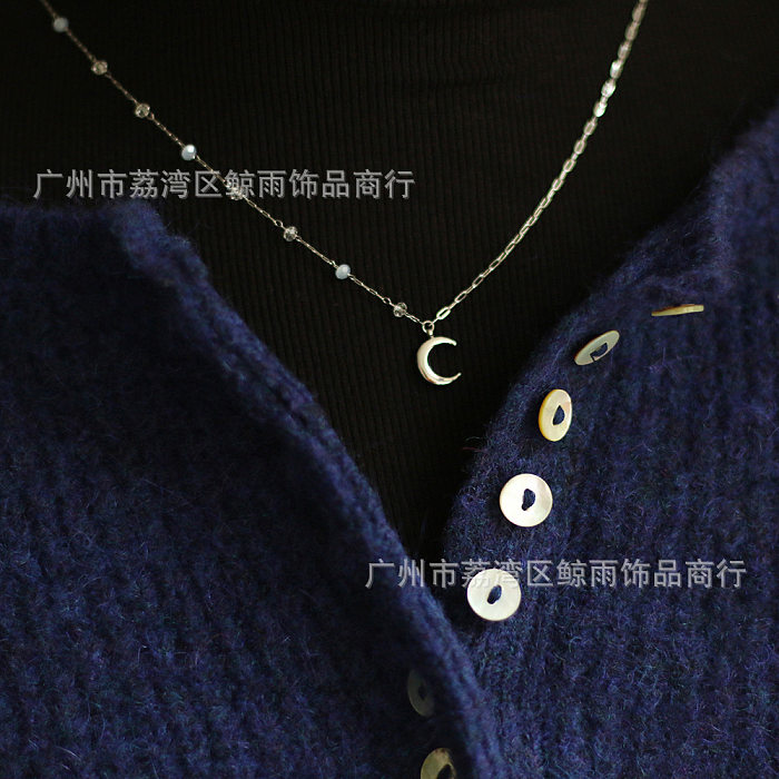 Collar corto de acero inoxidable con costura de luna, cadena hecha a mano con cuentas de cristal transparente