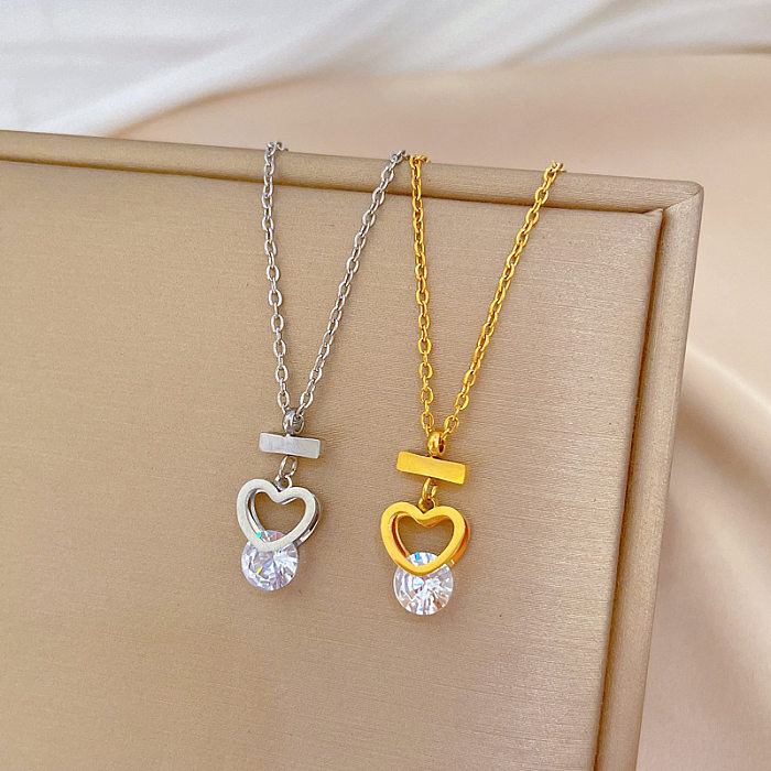 Damen-Anhänger-Halskette in Herzform, Edelstahl-Beschichtung, Intarsien, Zirkon, vergoldet