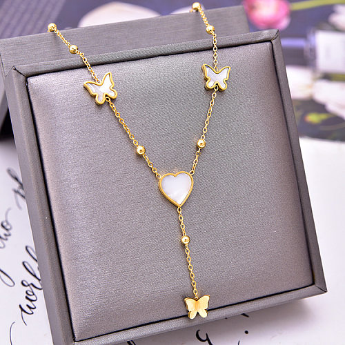 Fashion Heart Shape Butterfly Stainless Steel Inlay Shell Necklace