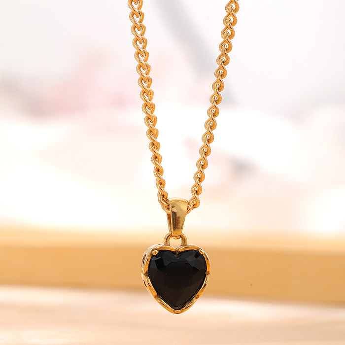 Elegante retro coração forma chapeamento de aço inoxidável inlay zircão banhado a ouro pingente colar