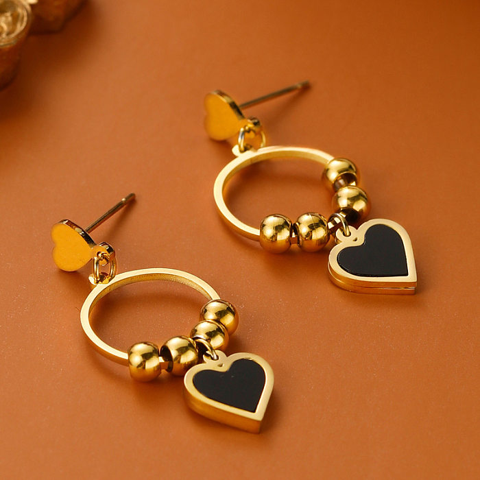 Retro Heart Shape Stainless Steel Plating Inlay Shell Drop Earrings 1 Pair