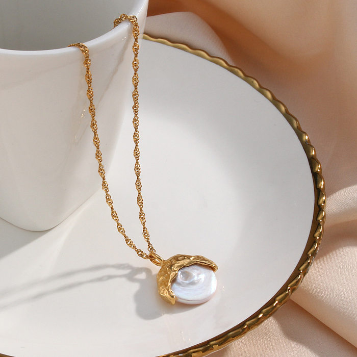 Collier pendentif rond en acier inoxydable, à la mode, avec incrustation de perles, colliers en acier inoxydable