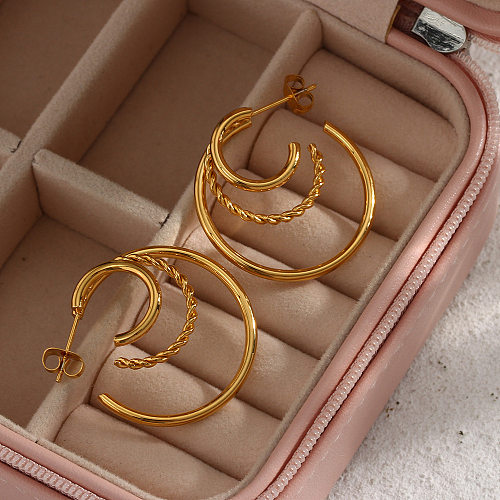 Fashion Stainless Steel  18K Gold Plating Multi-Layer Hollow Twist C Type Earrings