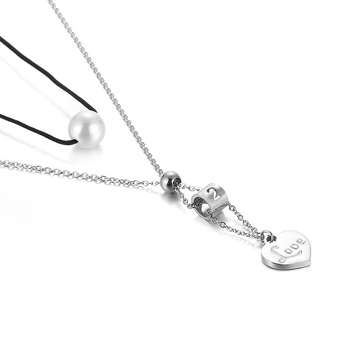 Japanese And Korean Stainless Steel  Digital Double-Layer Necklace Heart-Shaped Love Letter Pearl Necklace Trendy Women's Accessories