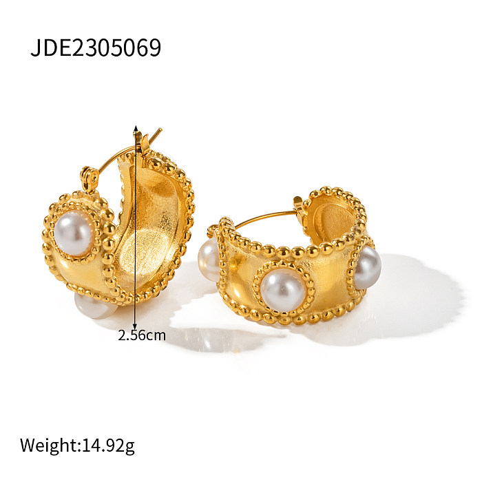 1 Pair Elegant Classic Style C Shape Plating Inlay Stainless Steel  Artificial Pearls 18K Gold Plated Earrings