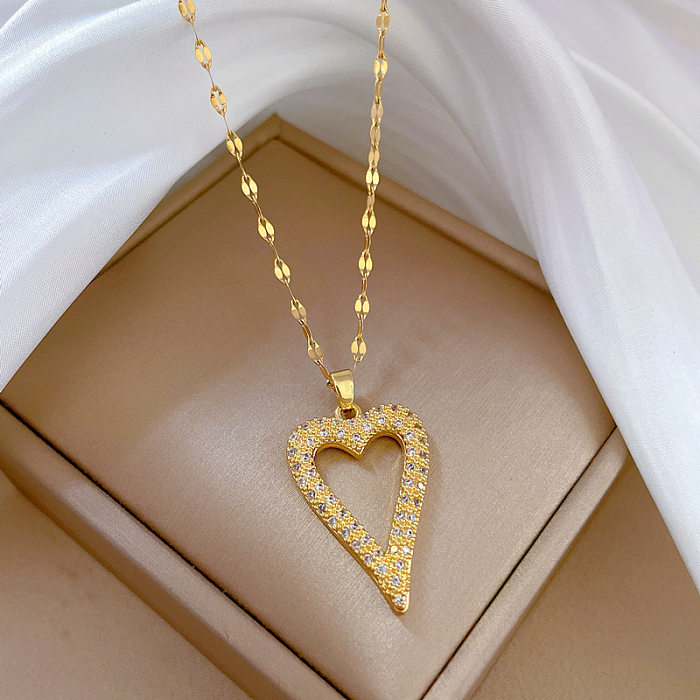 Moda coração forma aço inoxidável chapeamento de cobre colar de pingente de diamante artificial
