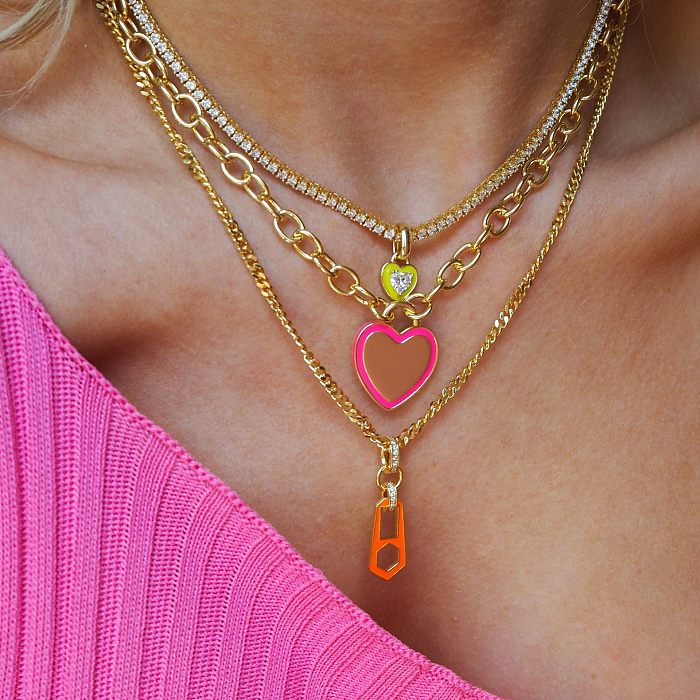 Elegant Modern Style Geometric Heart Shape Stainless Steel Inlay Zircon Pendant Necklace