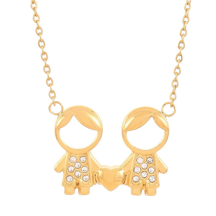Niedliche Cartoon-Figur, Edelstahl-Beschichtung, künstlicher Diamant, 18 Karat vergoldet, Anhänger-Halskette