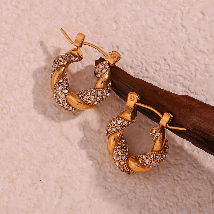 1 par de brincos banhados a ouro 18K de zircão de aço inoxidável com listras em espiral estilo clássico estilo simples