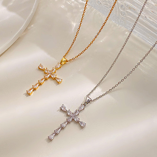 Collier avec pendentif en forme de croix de style vintage, 1 pièce, incrustation de diamants en acier inoxydable