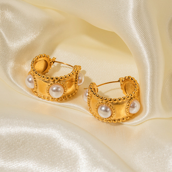 1 par de pendientes chapados en oro de 18 quilates con incrustaciones de acero inoxidable y perlas artificiales de estilo clásico elegante