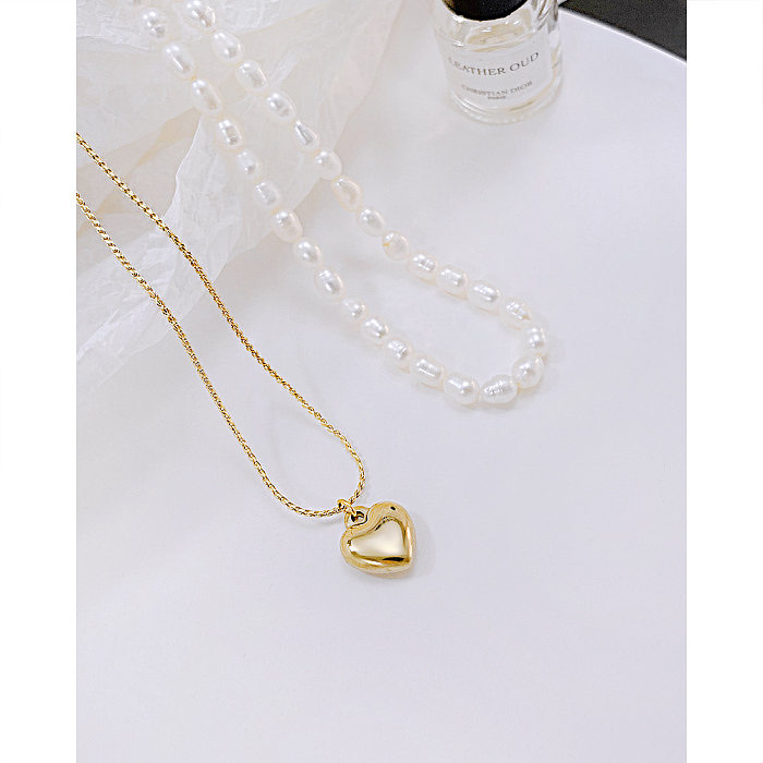 French Natural Freshwater Pearl Stainless Steel  Heart Multi-layer Necklace