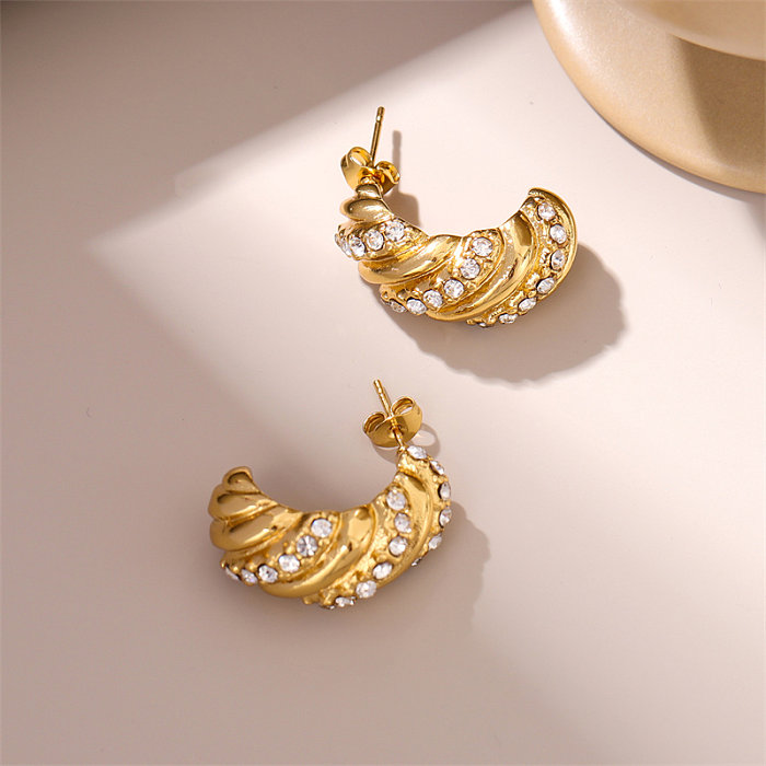 1 Pair Retro Simple Style C Shape Twist Plating Inlay Stainless Steel  Zircon 18K Gold Plated Ear Studs