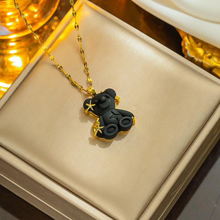 Collier pendentif ours mignon en acier inoxydable avec incrustation de pierres précieuses artificielles