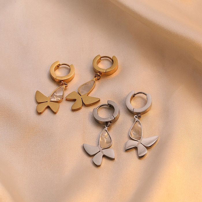 1 paire de boucles d'oreilles pendantes plaquées or 18 carats, Style Simple, incrustation de placage papillon, coque en acier inoxydable