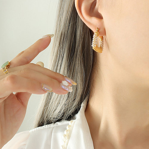 1 Paar einfache U-förmige Ohrringe aus Edelstahl mit Inlay und künstlichen Perlen